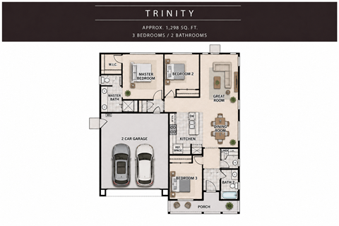 Floor plan for 3 beds, 2 baths, 1298 sqft